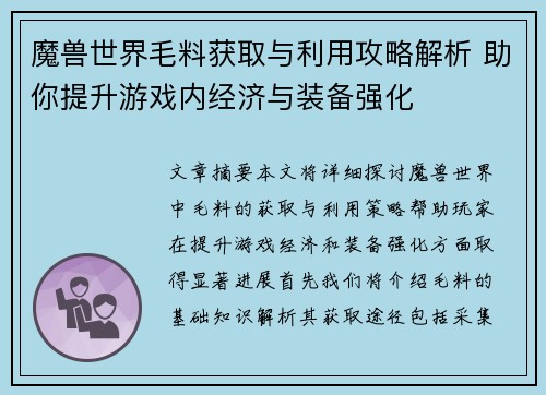 魔兽世界毛料获取与利用攻略解析 助你提升游戏内经济与装备强化