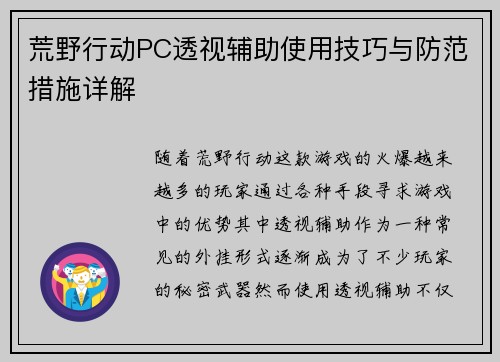 荒野行动PC透视辅助使用技巧与防范措施详解